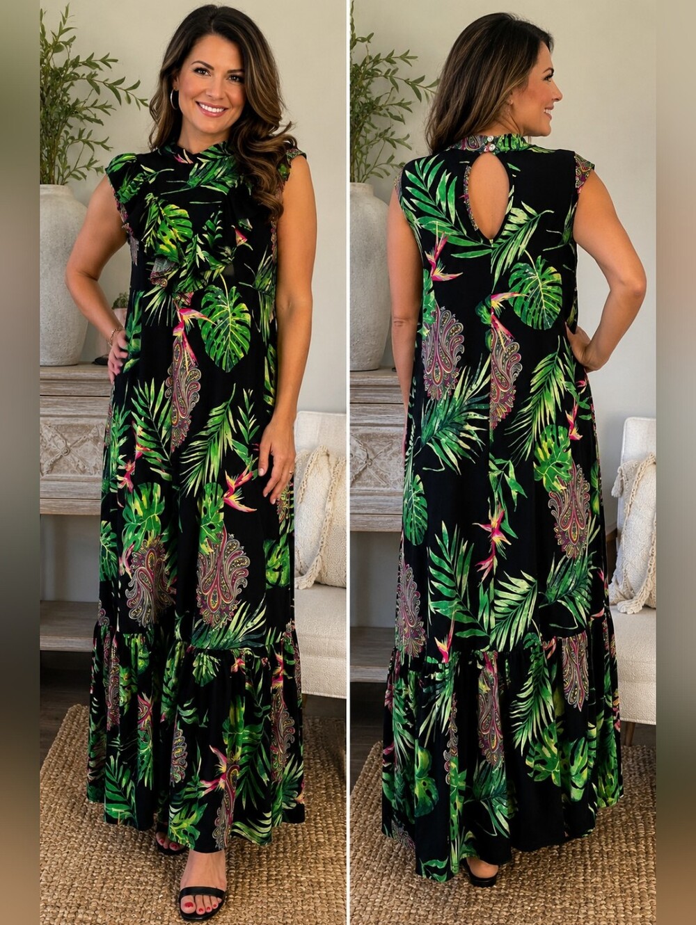 Karen-T Design Tropical Maxi Dress Pockets Ruffle Keyhole Back USA L XL